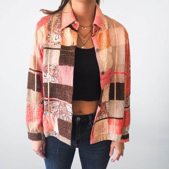 American Vintage Jackets & Blazers - Vintage Pink Mix Pattern Button Up Patchwork Jacket - M